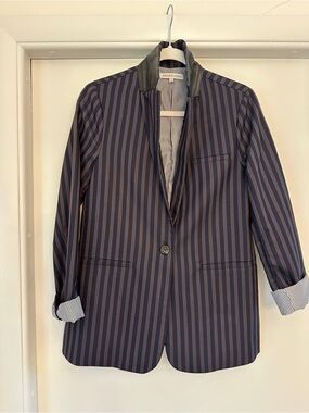 Heartloom Navy and Brown Pinstripe Blazer with Leather Trim